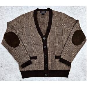 Brooks Brothers 100% Lambs Wool Cardigan Brown Glen Plaid, Patch Elbow Mens Sz S